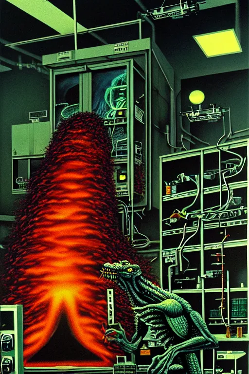 Image similar to a hyperrealistic detailed painting of a code red emergency at the nuclear power plant, radioactive radiation monster eating the laboratory by chris cunningham and richard corben, highly detailed, vivid color,