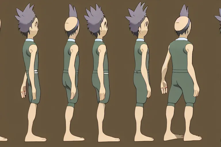 Prompt: a reference sheet containing of a hero running by ghibli studio, front back view and side view, proportions, sprite sheet, running cycle, ready to model,