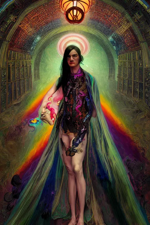 Prompt: portrait of brian molko as delirium of the endless, the sandman, rainbow clothes, in persian temple wet night, sci - fi and fantasy, intricate and very very beautiful and elegant, highly detailed, digital painting, artstation, concept art, smooth and sharp focus, illustration, art by tian zi and wlop and alphonse mucha