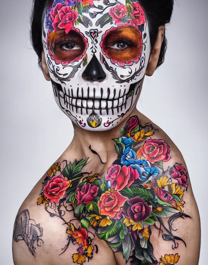 Prompt: Portrait of stands among the hills woman day of the dead tattoo and mexican Hispanic dress with many biomechanical details, full lenght view. white plastic, skull, muscles, tumors, veins, balloons. !!!Vogue magazine!!! halo. octane rendering, cinematic, hyperrealism, octane rendering, 8k, depth of field, bokeh. iridescent accents. vibrant. teal gold and red color scheme