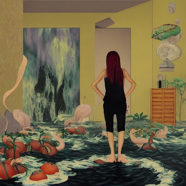 Prompt: tall female emo artist in her flooded kitchen, water gushing from ceiling, painting of flood waters inside an artist's home, a river flooding indoors, pomegranates, pigs, ikebana, zen, water, octopus, river, rapids, waterfall, black swans, canoe, berries, zen, acrylic on canvas, surrealist, by magritte and monet