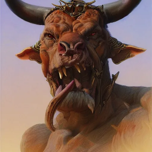 Prompt: Ferocious Minotaur portrait art by Donato Giancola and Bayard Wu, digital art, trending on artstation, 4k