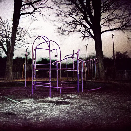 Image similar to an eerie photo of an abandoned children's playground from the 1 9 9 0 s at night, disposable film