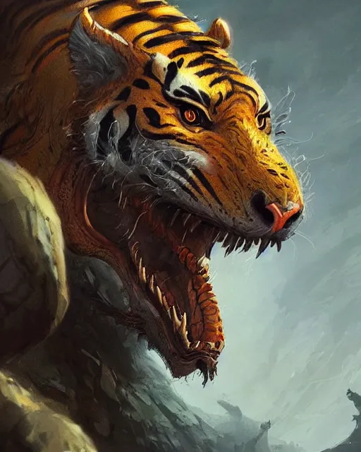 Image similar to A tiger, skin dragon, calm, highly detailed face, full body, fantasy art, monster art, in the style of greg rutkowski, illustration, epic, fantasy, intricate, hyper detailed, artstation, concept art, smooth, sharp focus, ray tracing