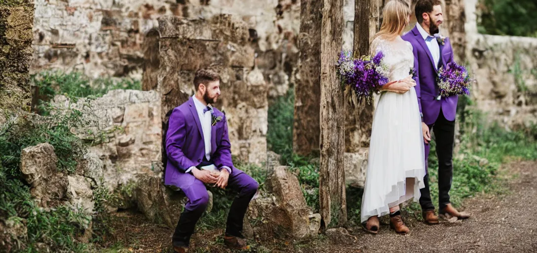 Image similar to modern wedding photography. rustic bohemian. young couple. purple and green. woodsy, old church, flowers.