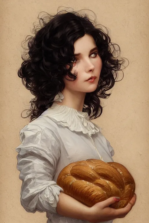 Image similar to beautiful cottagecore of a girl with short black curly hair, round face, cute face, holding a loaf of bread. intricate, elegant. highly detailed, digital painting, artstation, concept art, smooth, sharp, focus, illustration. . art by artgerm and greg rutkowski and alphonse mucha