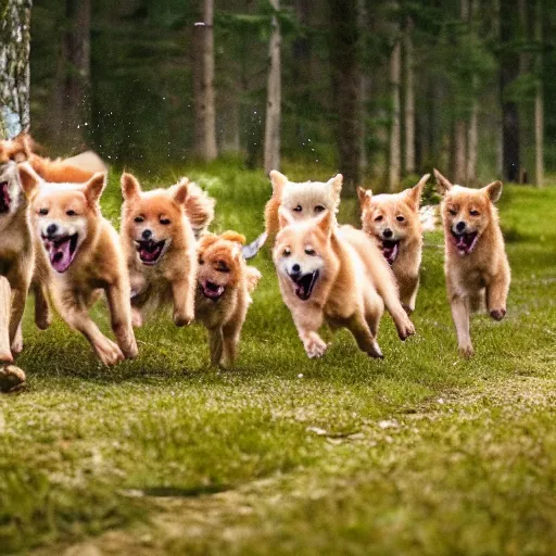 Prompt: a dozen Finnish Spitz dogs running towards camera high quality nature photography