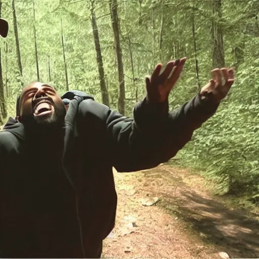 Prompt: trailcam footage of kanye west crying and screaming in the forest