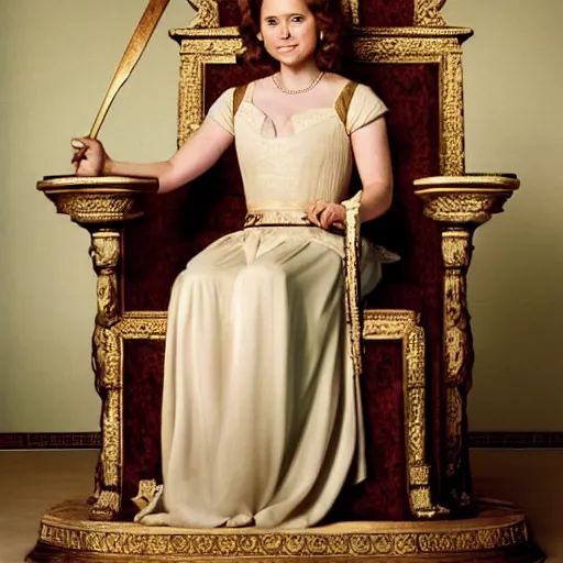 Image similar to Jenna Fischer in Roman queen clothes, sitting on throne, holding court, Norman Rockwell