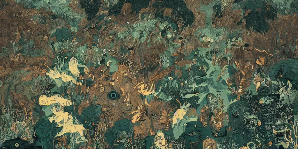 Image similar to detailed illustration of a group of monsters in the wilderness by victo ngai