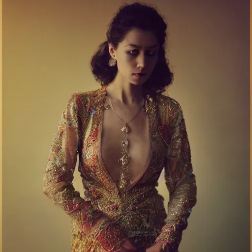 Prompt: 3 5 mm coloured film portrait of sebnem ferah wearing kebaya, hyperrealism, photorealistic, detailed, atmospheric, 8 k, award winning photography, cinematic