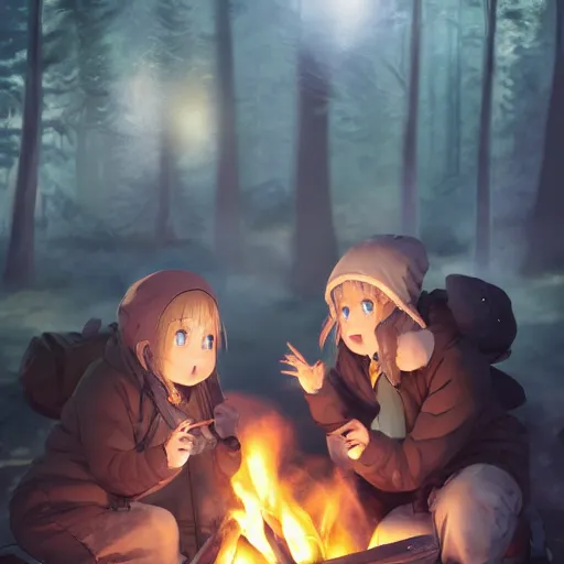 Image similar to yuru camp anime campfire hyperdetailed blue eyes, trending on artstation, cinematic lighting, highly realistically detailed, trending on pixiv , Unreal Engine 4k, detailed faces, manga cover, official anime key visual by greg rutkowski