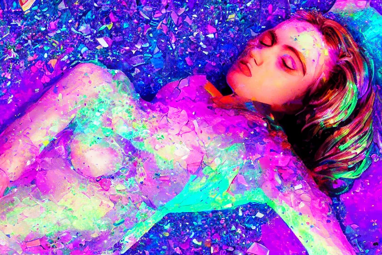 Prompt: photo of a womaan laying down, made of big shattered glass, glows, colorful, rainbow colors, beautiful, artstation