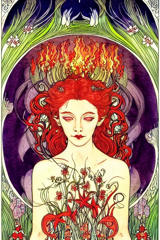Image similar to realistic face of nature goddess with red hair with flowers and flames growing around, flower frame, imbolc, st brigid, spring, detailed art by kay nielsen and walter crane, illustration style, watercolor