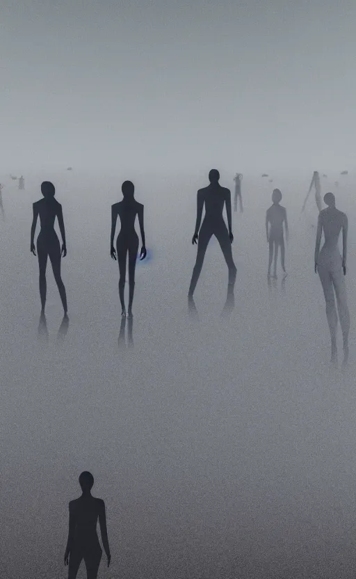 Prompt: closeup of people in futuristic gray body suits in the desert, on the horizon a giant sandstorm, dystopic, dust, intricate, highly detailed, photorealistic