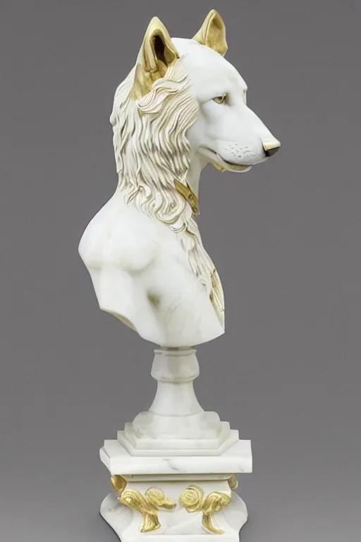 Image similar to a white marble bust of a wolf with gold filigree