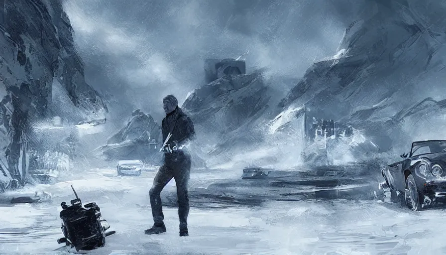 Image similar to concept art of the next james bond film featuring daniel craig in the style of cedric peyravernay, snowy landscapes, extremely detailed