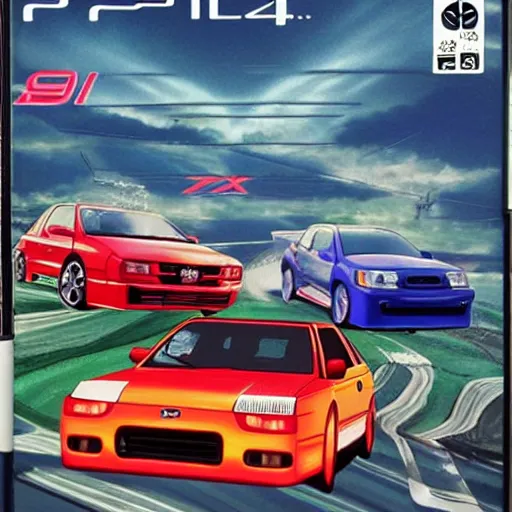 Image similar to playstation 1 cover art for a 9 0 s japanese racing game, a 1 9 9 5 subaru wrx sti, and a 1 9 9 8 honda civic are the cars on the box art.