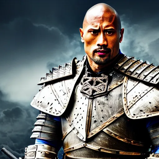 Image similar to asian dwayne johnson as a noble samurai paladin in shining armor, intricate fractal armor, cinematic, studio photography, high detail, ultra high detail, 4 k, hdr, 8 k