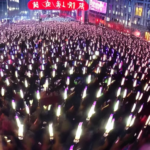 Image similar to 4 k wide angle gigantic army of instagram models surrounding the futuristic chinese tik tok headquarters during a protest with torch lighting at dusk