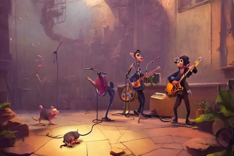 Image similar to rats playing in a rock band inspired by the beatles, beautiful, dreamlike, wholesome, pixar and disney animation, sharp, rendered in unreal engine 5, art by greg rutkowski, bloom, dramatic lighting, brown pallete,