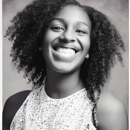 Prompt: A yearbook photo of a black girl in her late teens with her hair in a short curly purple undercut in a flashy outfit smiling brightly