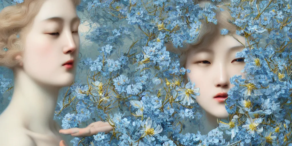 Image similar to breathtaking detailed concept art painting art deco pattern of blonde faces of feminine floral korean men amalmation light - blue flowers with anxious piercing eyes and blend of flowers and birds, by hsiao - ron cheng and john james audubon, bizarre compositions, exquisite detail, extremely moody lighting, 8 k