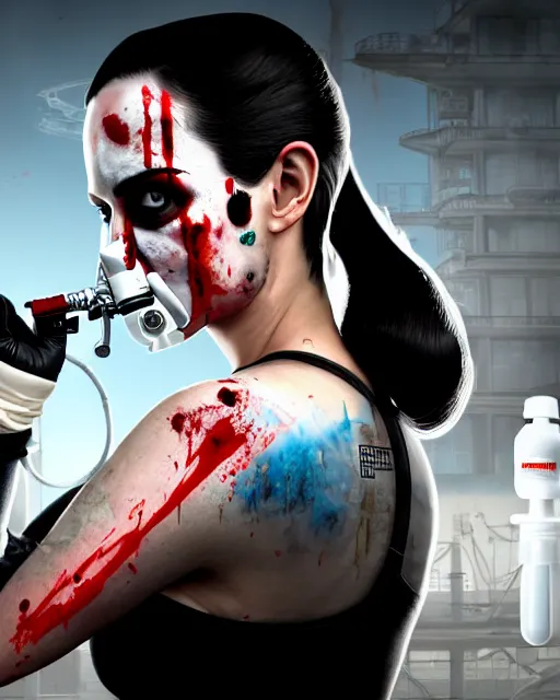 Image similar to a rogue agent wearing oxygen mask, has blood, rose, a pistol and a syringe needle with sea background intricate details with horror side profile by Sandra Chevrier in 8k render dramatic light