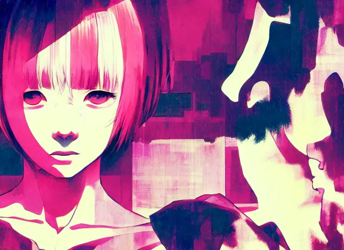 Image similar to editorial illustration colorful, anime portrait of shiina ringo, katsuhiro otomo, manga, ilya kuvshinov, fine texture, realistic shading, very anime, fine - face, ghost in the shell, fine details, matte colors, dramatic lighting, dynamic composition, mucha, moody, vivid, volumetric, stippled lighting, cinematic