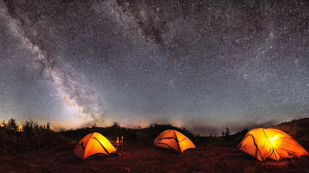 Image similar to camping out in the middle of nature, tents in the background, starry sky, night time, dark, milky way, campfire, highly detailed, 4 k