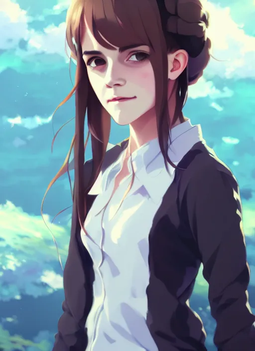 Image similar to portrait of emma watson, cloudy sky background lush landscape illustration concept art anime key visual trending pixiv fanbox by wlop and greg rutkowski and makoto shinkai and studio ghibli