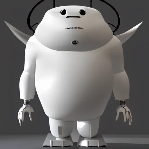 Image similar to a mechanical cow with big head and horns, minimalist style, metal, 3D art, in style of Baymax, smooth