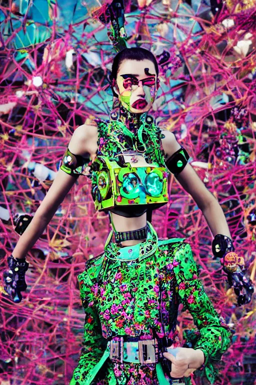 Prompt: antediluvian steppe magical girl wearing cybernetic floral valentino resort ss 2 0 1 4, cyberpunk steppe market background, bright fashion photography, hyperrealistic