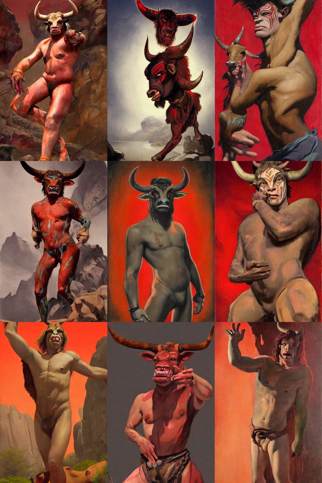 Prompt: midjourney art style art deco shaded painted full body illustration of a male minotaur with glowing tribal skin markings in a dark cave environment with a bovine head, painterly, detailed by solomon joseph solomon and richard schmid and jeremy lipking victorian genre painting portrait painting of mick jagger in fantasy costume, red background by ralph mcquarrie