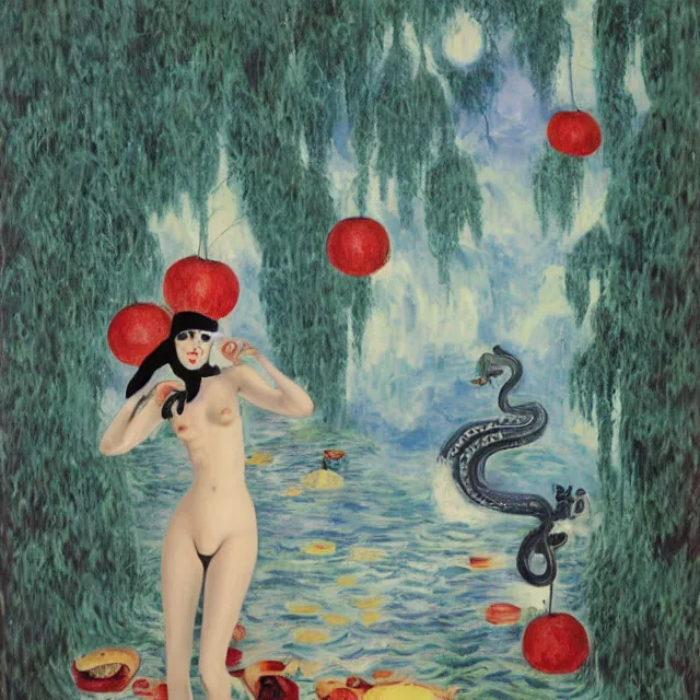 Image similar to tall female catgirl artist holding sheet music in her flooded apartment, pomegranates, octopus, water gushing from ceiling, painting of flood waters inside an artist's apartment, a river flooding indoors, mushrooms, ikebana, zen, rapids, waterfall, black swans, canoe, berries, acrylic on canvas, surrealist, by magritte and monet