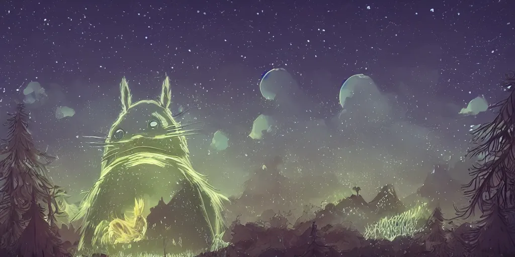 Image similar to glowing wireframe totoro, forest god of princess mononoke, mountain landscape, night sky, digital art, digital painting, celestial, majestic, colorful