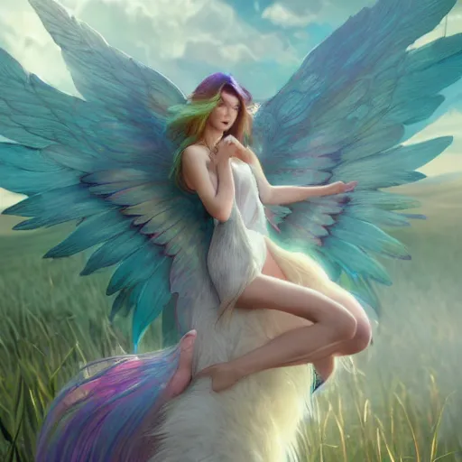 Image similar to a iridescent unicorn with wings eating in a field of marijuana, art by artgerm and greg rutkowski and alphonse mucha, concept art, octane render, unreal engine 5, highly detailed, high quality, 8 k, soft lighting, realistic face, path traced