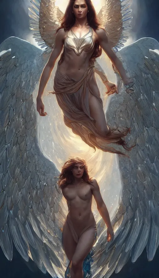 Image similar to archangel, perfectly-centered-Portrait of the most beautiful women on the planet, sweaty, dynamic action pose, insane, intricate, highly detailed, digital painting, artstation, concept art, smooth, sharp focus, illustration, Unreal Engine 5, 8K, art by artgerm and greg rutkowski and alphonse mucha