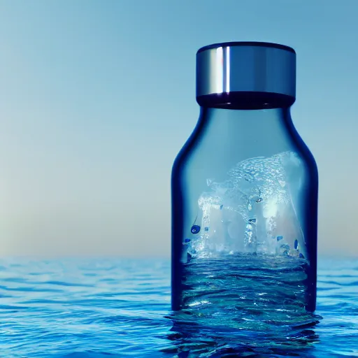 Image similar to a human head in a bottle, on the ocean water, surreal, 3 d art, 3 d render, futuristic, glowing, hyper realistic, ray tracing, realistic water splashes, sharp focus, long shot, 8 k resolution, cinematic, photoshop art