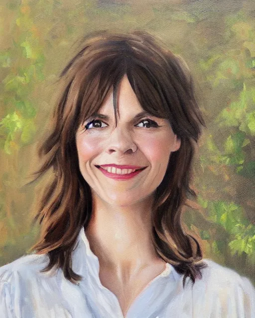 Prompt: a portrait painting of sabrina lloyd / perdita weeks / nicole de boer hybrid oil painting, gentle expression, smiling, elegant clothing, scenic background, by helen huang