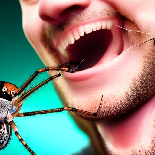 Image similar to photograph of smiling man with spiders inside his mouth, 8k resolution, high detail, ULTRA REALISTIC VFX, reflections