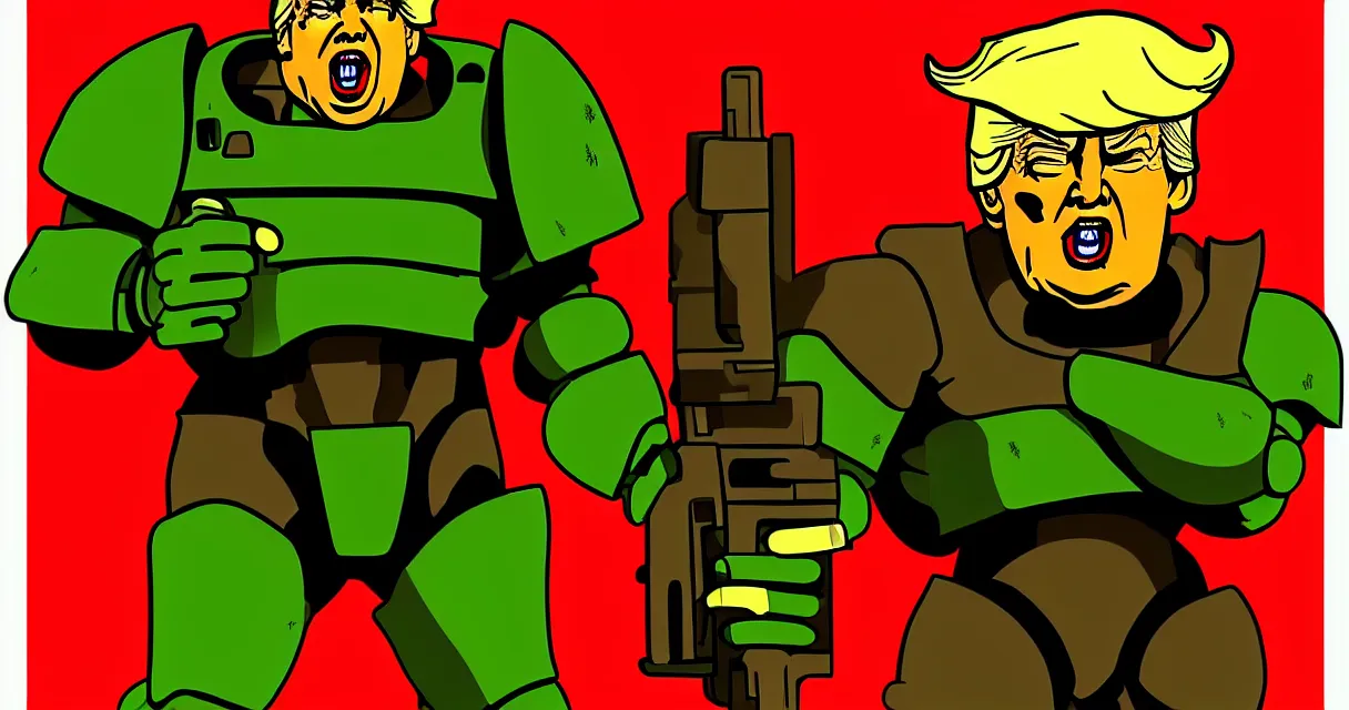 Image similar to donald trump as doomguy, lowe res style of first doom, superrealistic, cool style