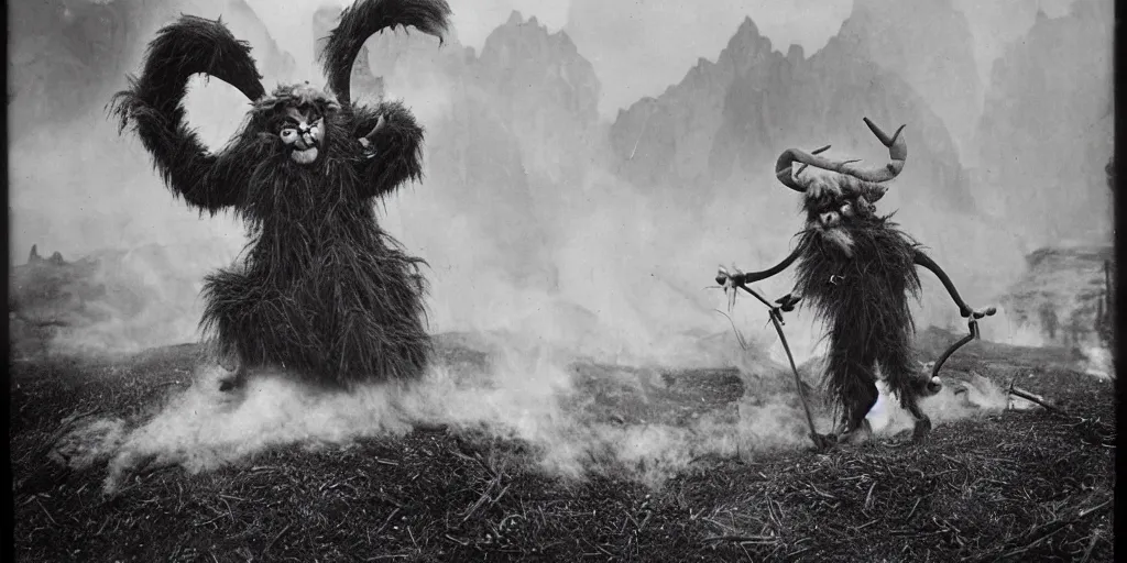 Image similar to 1 9 2 0 s photography of krampus hay monster burning, dolomites