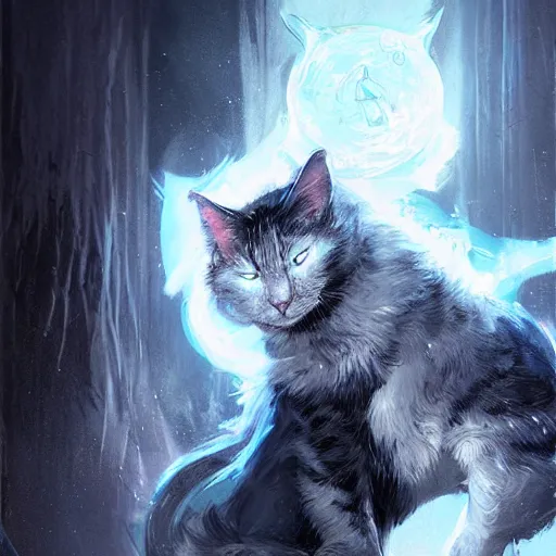 Image similar to black and white cat sorcerer, dnd fantasy digital art by Greg Rutkowski, extremely neon blue accents, extremely detailed fur, fire in the distance