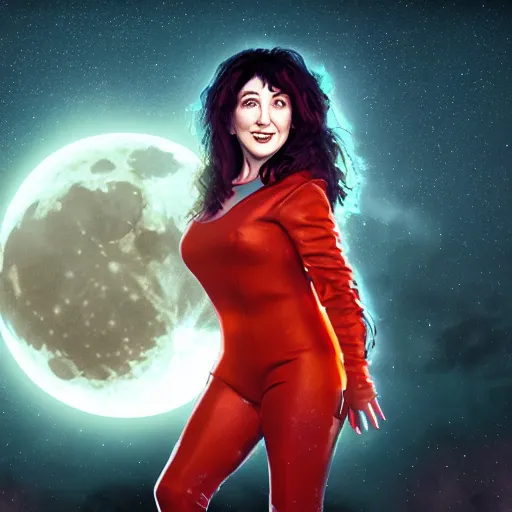 Prompt: A hyper real comic book style portait painting of Kate Bush on the moon, unreal 5, hyperrealistic, octane render, cosplay, RPG portrait, dynamic lighting