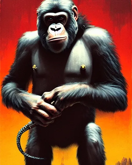 Image similar to winston the ape from overwatch, character portrait, portrait, close up, concept art, intricate details, highly detailed, vintage sci - fi poster, retro future, in the style of chris foss, rodger dean, moebius, michael whelan, and gustave dore