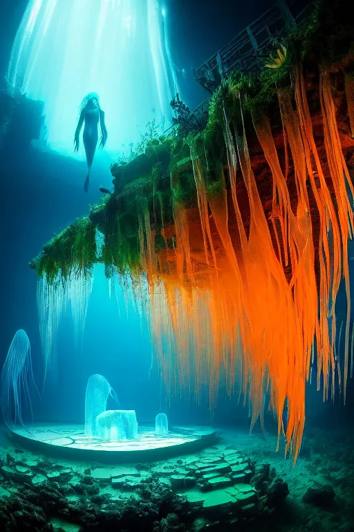 Image similar to high quality photo of cinematic underwater dystopian neo - gothic cathedral ruins with giant luminescent colorful aquatic plants and jellyfish, digital art masterpiece, aykut aydogdu eric zener, dramatic volumetric light, long shot, low angle uhd 8 k, sharp focus