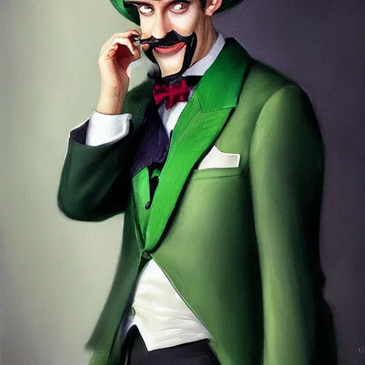 Prompt: hyper realistic portrait painting, beautifully rendered, dapper fancy luigi wearing a green top hat, green suit and bowtie, smirking deviously, painted by greg rutkowski, wlop, artgerm, dishonored 2