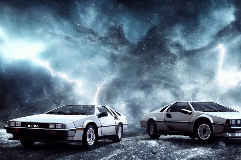 Image similar to ultra realistic delorean dmc 5 drifting next to toyta trueno ae 8 6 on ancient space highway wreckage in space, dark cinematic, volumetric, realistic, 3 d render, realistic render, cinematic lighting, volumetric lighting, atmospheric, cinematic, unreal engine 5, unreal engine render, octane render, hd, photorealism, hyper realistic, 8 k