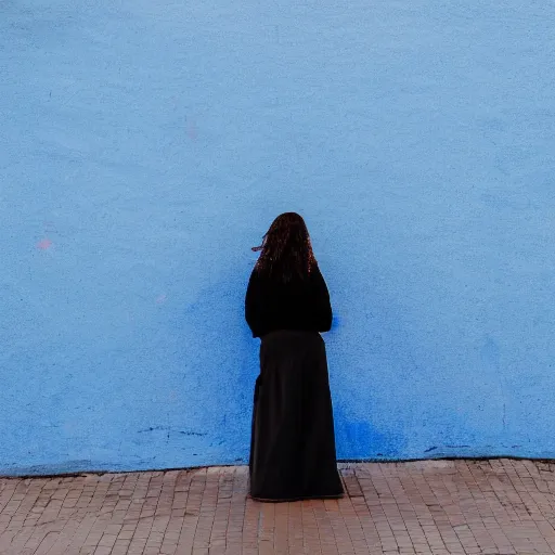 Image similar to a woman on the street, facing a blue portal that leads to a beach at sunset